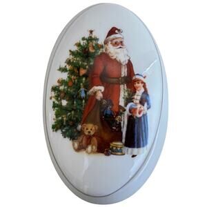 Reutter Porzellan Germany Santa Claus Christmas Trinket Box White Oval Tree Gift